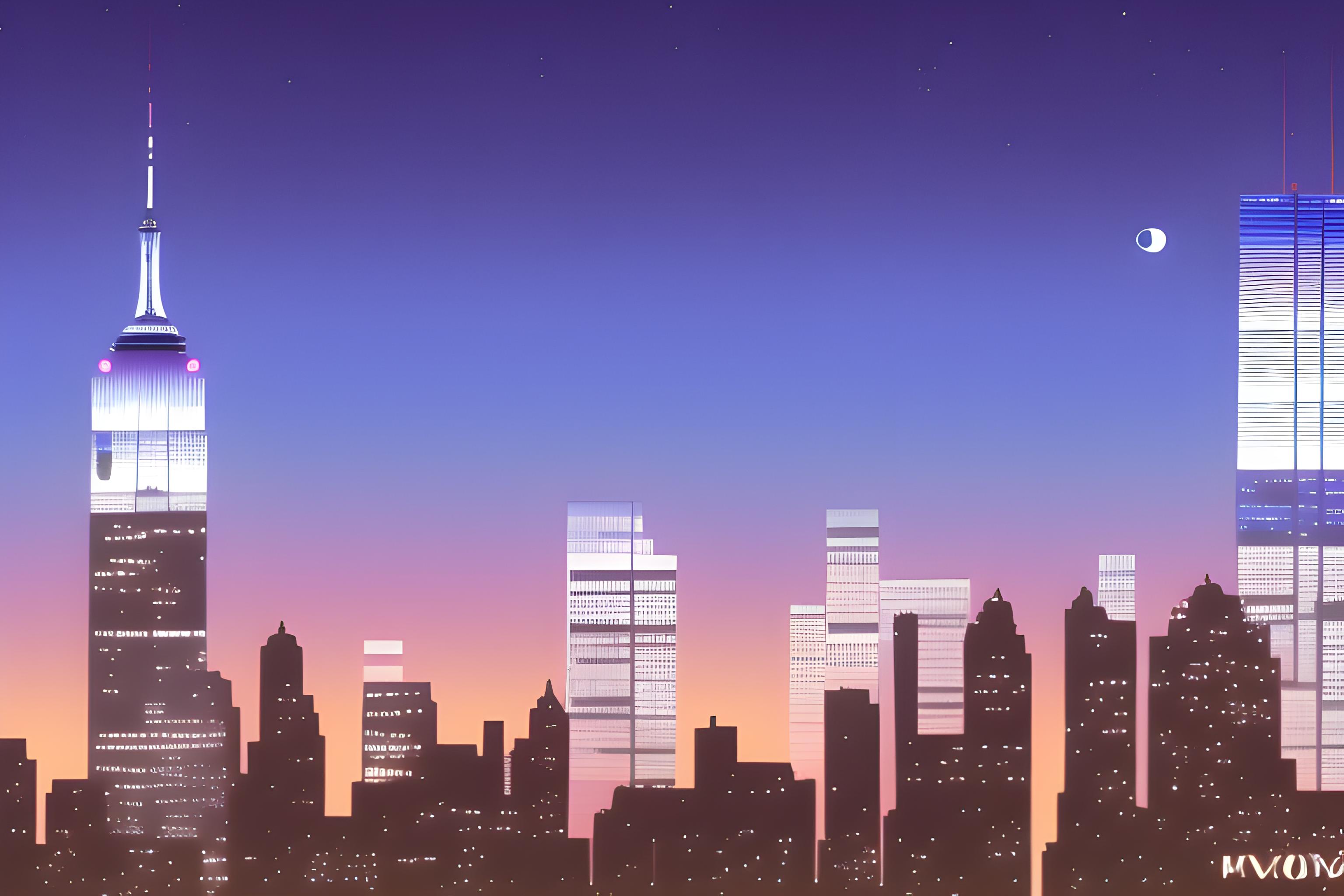 Nova York a noite com a vista dos prédios e a Logo PUC Minas